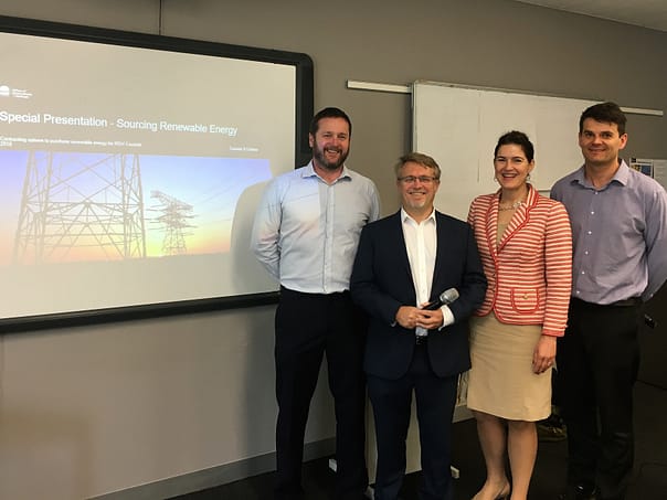 Speakers, from left to right: Patrick Denvir from 100% Renewables, David West from Sourced Energy, Barbara Albert from 100% Renewables and Mark Shorter from Eurobodalla Council