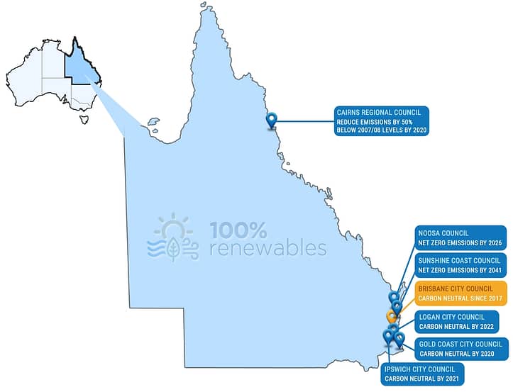 Ambitious renewable energy and carbon commitments by local governments in Queensland as at Sep 2020